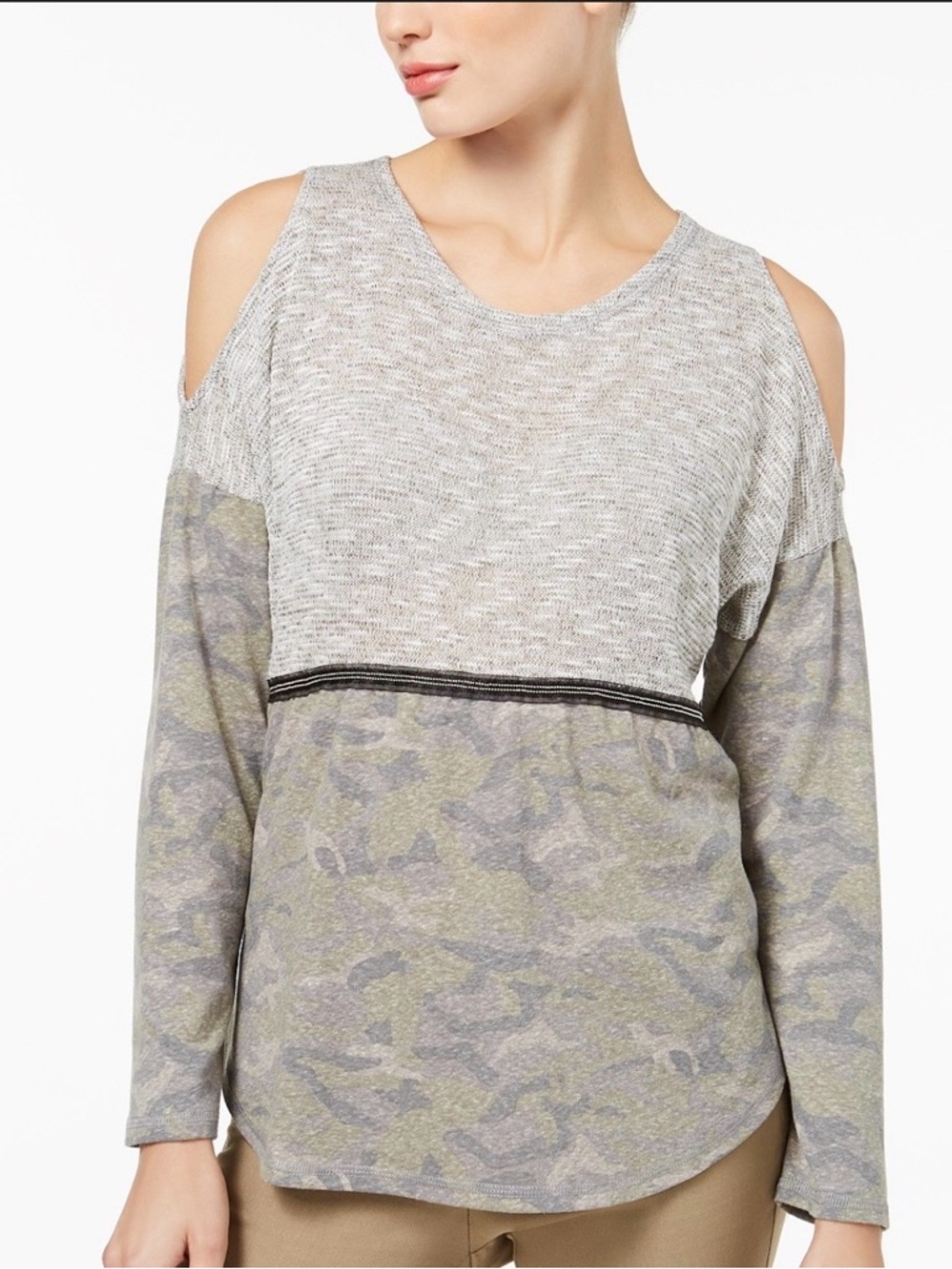 INC International Concepts Gray Knit Top with Black Tag Detail